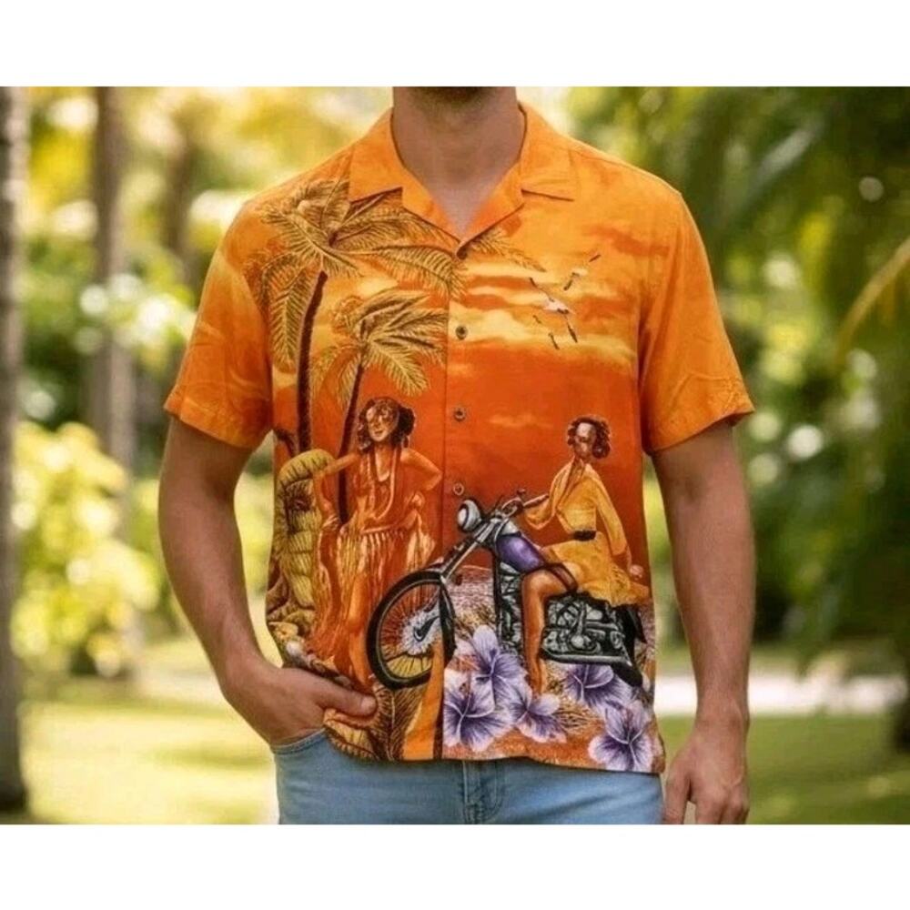 Vintage King Size Hawaiian Button Down Shirt Biker Chicks Palm Trees Size 3XL